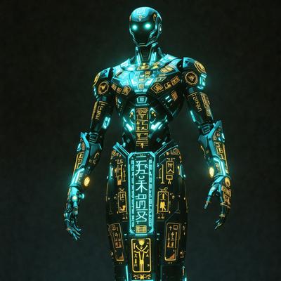 The primary subject of the image is a futuristic robot with a green and blue color scheme. The robot is standing in a dark room, which adds to the overall mood of the scene. The visual style of the image is a combination of digital art and illustration, creating a unique and intriguing appearance. The colors and mood of the image are predominantly dark and mysterious, with the green and blue hues of the robot providing a sense of technology and advanced design.